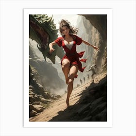 Sexy girl running with dragons. Art Print