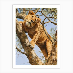 Barbary Lion Climbing A Tree Acrylic Painting 1 Art Print