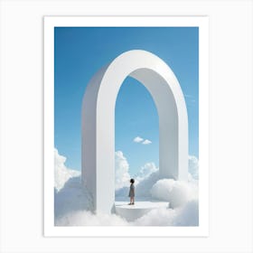 Cumulus Clouds Morph Into An Abstract Cartoon Style Portal Where A Solitary Figure Levitates Their Art Print