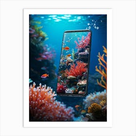 Smartphone Transitioning Seamlessly Into A Vibrant Coral Reef Colors Bleeding Like Watercolor Aqua Art Print