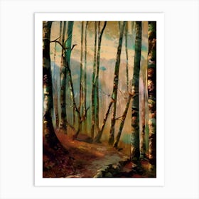 Woodland Woods Forest Trees Nature Outdoors Mist Moon Background Artwork Book Cover Wilderness Landscape Moonlight Picturesque Plants Branches Scene Watercolor Color Splash Painting Art Print