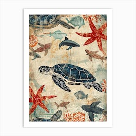 Sea Turtle Screen Print Style Ocean Collage Art Print