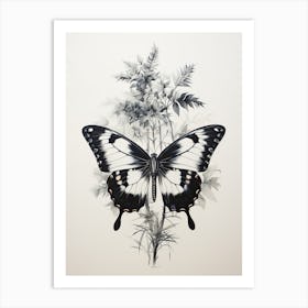 Butterfly, Japanese Brush Painting, Ukiyo E, Minimal 3 Art Print