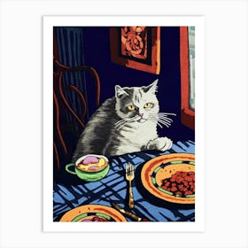 White Cat And Pasta 4 Art Print