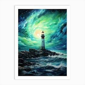 Lighthouse At Night - Green Sky Art Print