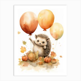 Hedgehog Flying With Autumn Fall Pumpkins And Balloons Watercolour Nursery 3 Art Print