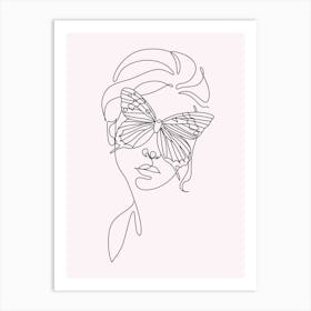 Continuous Line Drawing Of A Woman With Butterfly Art Print
