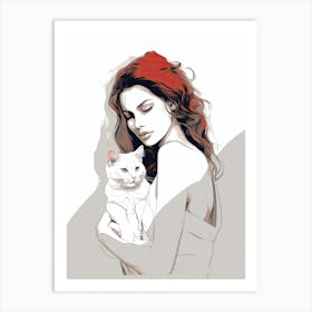 Girl With Cat, lineart Art Print