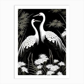 Black And White Cranes 4 Vintage Japanese Botanical Art Print
