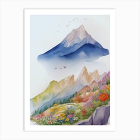 Watercolor Flowers Near Mountain Art Print