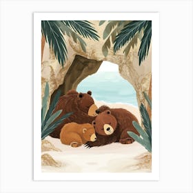 Brown Bear Family Sleeping In A Cave Storybook Illustration 4 Art Print