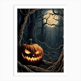 Spooky Pumpkin In Dark Forest, Halloween Decor 1 Art Print