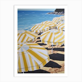 Striped Yellow And White Beach Umbrellas In Italy Art Print