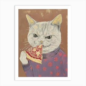 Cute Grey Cat Eating A Pizza Slice Folk Illustration 4 Art Print