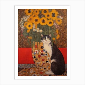 Cat With Sunflowers Art Print