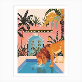 African Lion Drinking From A Watering Hole Illustration 3 Art Print