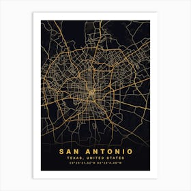 San Antonio Texas USA Black And Gold Map Art Print