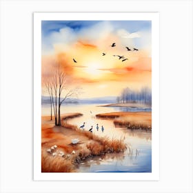 Watercolor Of A Lake With Birds Art Print