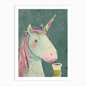 Pastel Storybook Style Unicorn Drinking A Matcha Latte 1 Art Print
