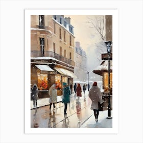 Paris cafes, winter season, Christmas, autumn oil colors, pale colors, pedestrians in the street, winter clothes, falling snow.Christmas decorations.15 Art Print