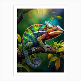 Chameleon Shifting Through A Spectrum Of Colors Perched On A Textured Branch Detailed Patterns On Art Print