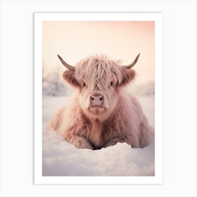 Pink Highland Cow Lying In The Snow 2 Art Print