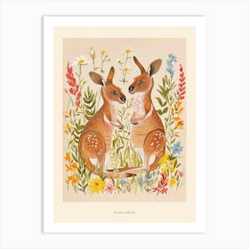 Folksy Floral Animal Drawing Kangaroo 2 Poster Art Print