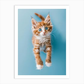 Kitten Jumping On Blue Background Art Print