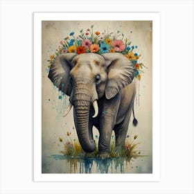 Elephant With Flowers Art Print