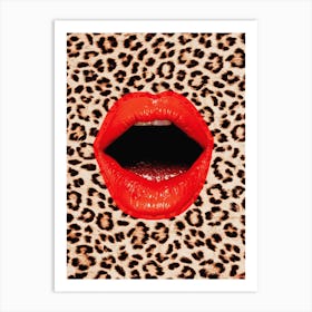 Animal Art Red Lips Collage In Brown Art Print