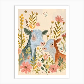 Folksy Floral Animal Drawing Cow 5 Art Print