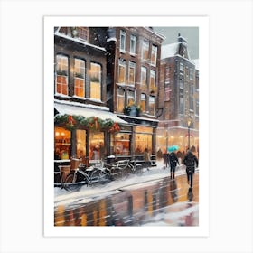 Amsterdam cafes, winter season, Christmas, autumn oil colors, pale colors, pedestrians in the street, winter clothes, falling snow.11 2 Art Print