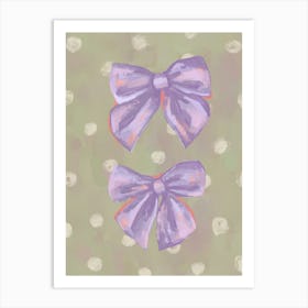 Two Purple Bows on a Sage Background. Gouache Painting Art Print