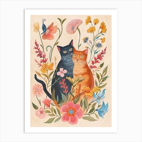 Folksy Floral Animal Drawing Cat 11 Art Print