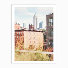 New York, USA I High Line view of the NY city with the New York skyline in autumn retro vintage aesthetic photography and pampa in front of New Yorker brick architecture lofts with boho wild and savage nature Art Print