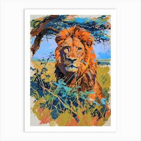Masai Lion Hunting In The Savannah Fauvist Painting 2 Art Print