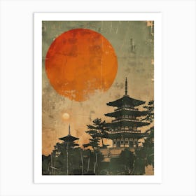 Two Japanese Castles In The Golden Sunset Mid Century Modern Art Print