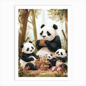 Giant Panda Family Picnicking In The Woods Storybook Illustration 3 Art Print