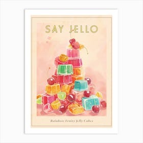 Rainbow Fruity Jelly Cubes Stacked Retro Illustration Poster Affiche