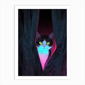 Cat Peeking Out Of Curtains 1 Art Print