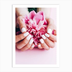 Manicured Hands With Pink Flower Art Print