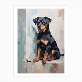 Rottweiler Dog, Painting In Light Teal And Brown 2 Art Print