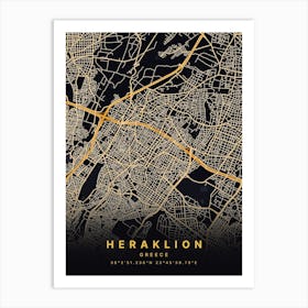 Heraklion Greece Black And Gold Map Art Print