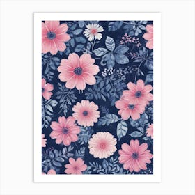 Pink Flowers On A Blue Background Art Print