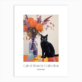 Cats & Flowers Collection Lavender Flower Vase And A Cat, A Painting In The Style Of Matisse 1 Art Print