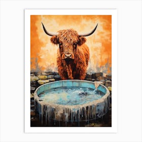 Highland Cow Drinking Out Of Water Trough2 Art Print