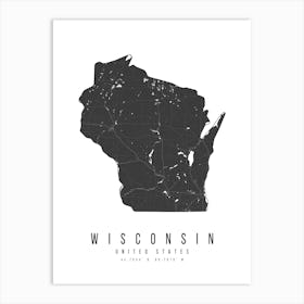 Wisconsin Mono Black And White Modern Minimal Street Map Art Print