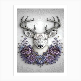 Deer Head With Flowers 1 Art Print