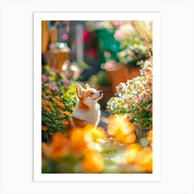 Corgi In The Garden.Generated AI. Wall Art Print Poster