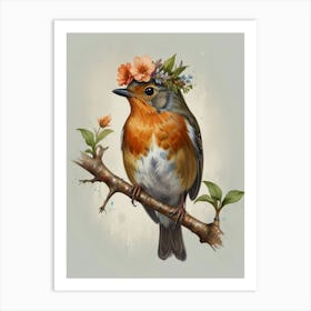 Robin With Flower Crown3 Style Watercolor Art Print